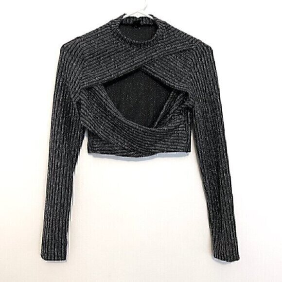 SHEIN Black Silver Metallic Striped Cross Front Cutout Long Sleeve Crop Top 8 10 - Picture 1 of 11